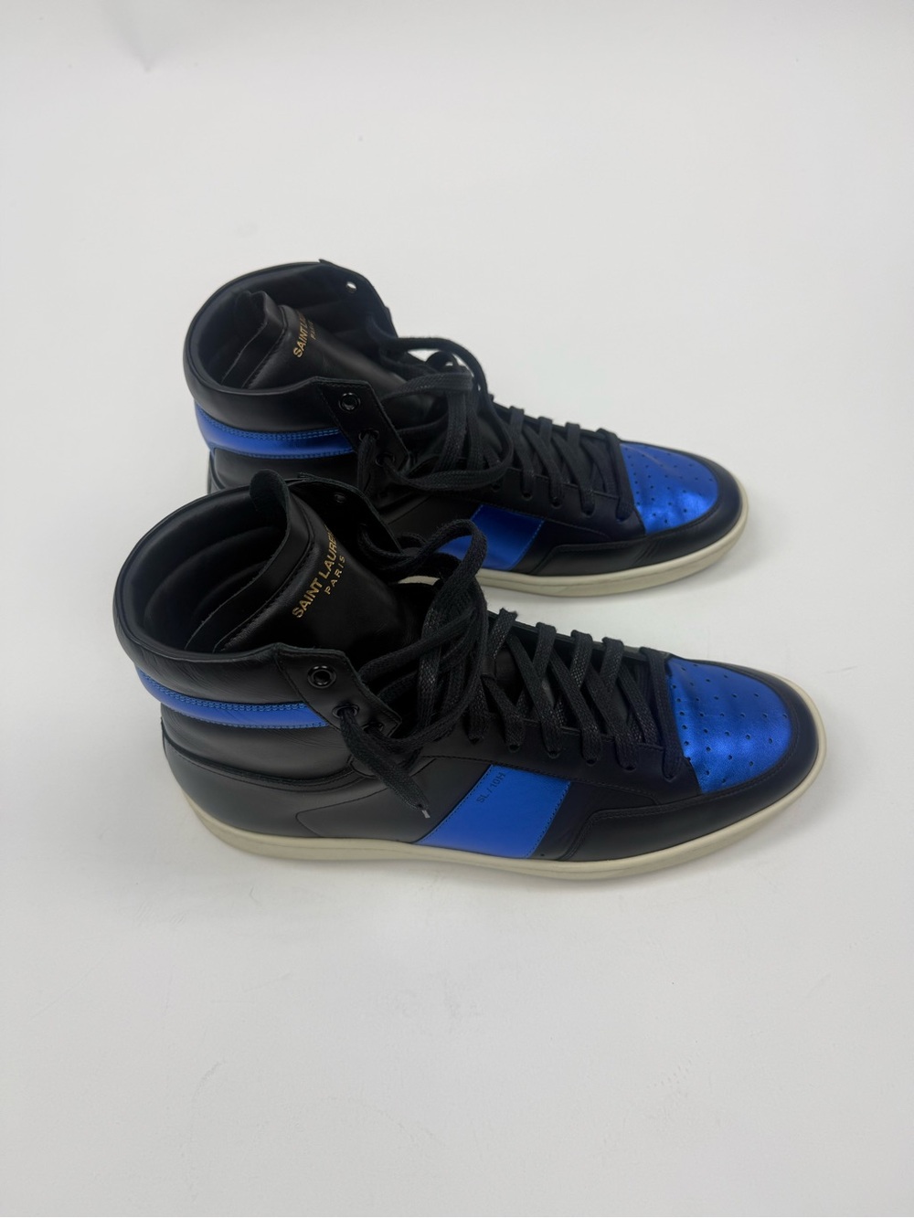 Saint Laurent Black and Blue Leather High-Top Sneakers